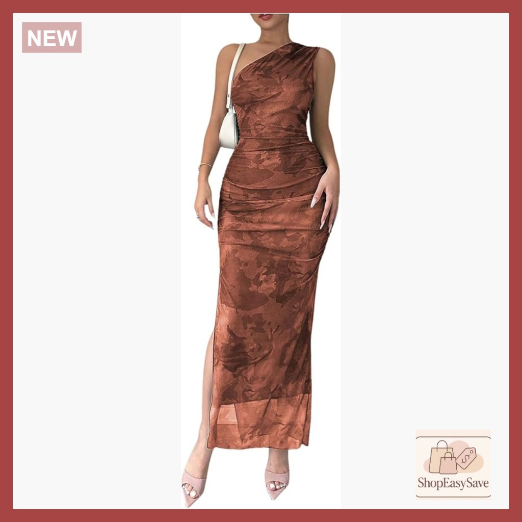 Floral One Shoulder Maxi Dress Elegant Ruched Bodycon Wedding Guest Cocktail